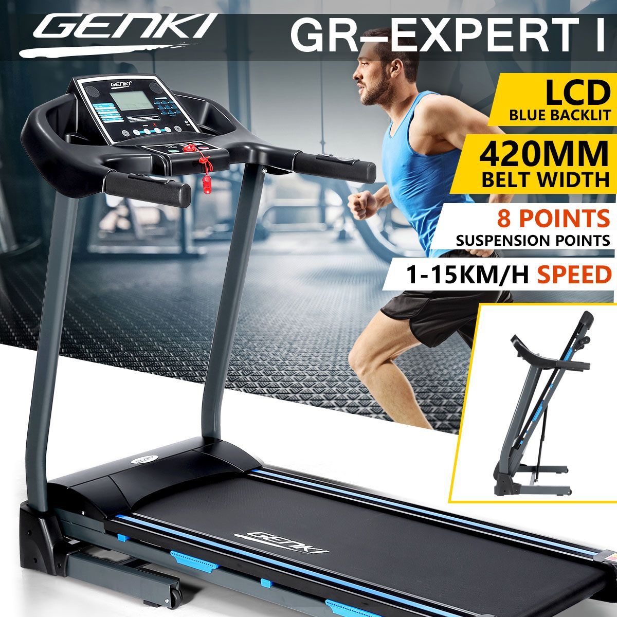 Genki 2HP Treadmill Gym Equipment with 8 Points Silica Gel Suspension