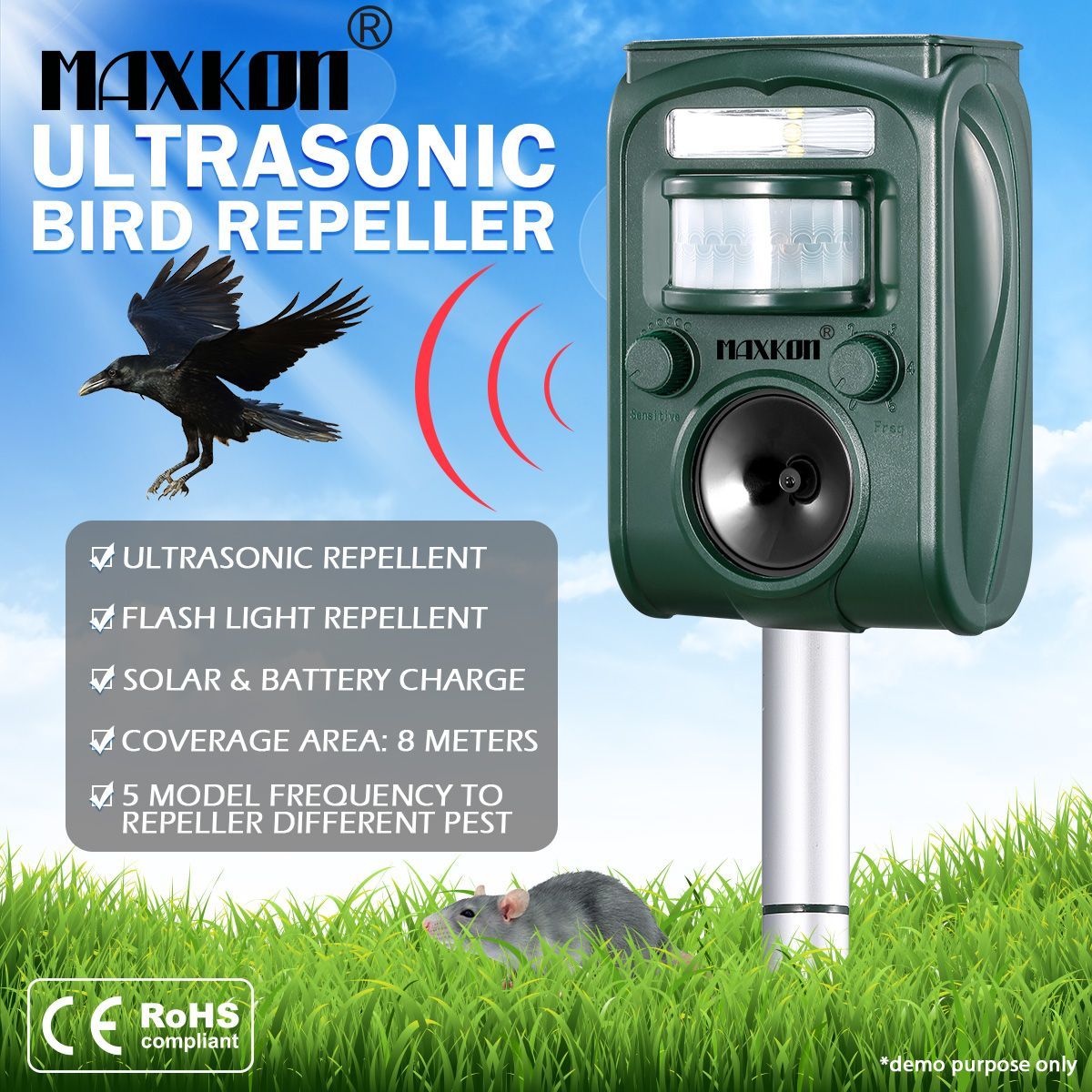 Maxkon Ultrasonic Bird & Animal Repeller Solar Powered Pest Repeller with LED Indicator