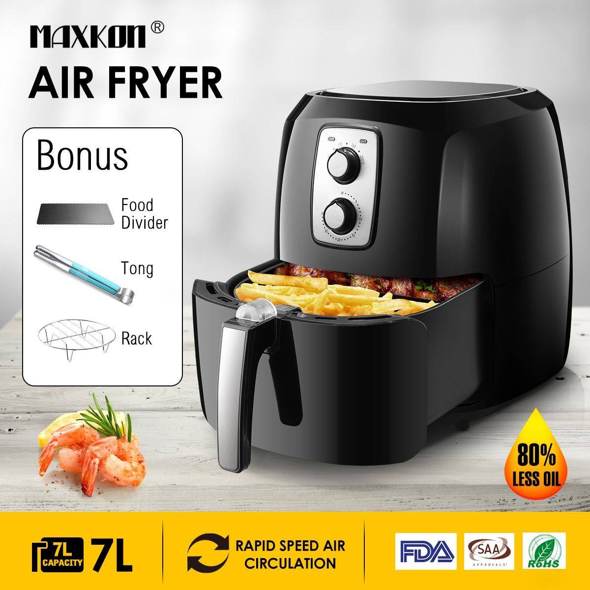 Maxkon 7L 1800W Oil Less XL Air Fryer Cooker Oven Timer Black