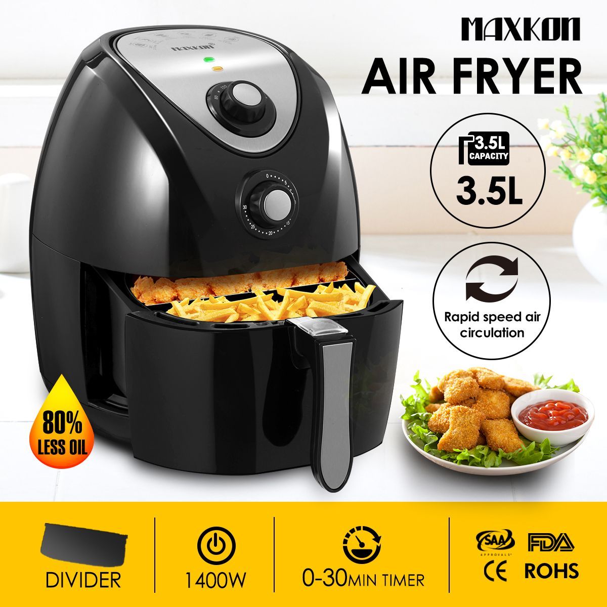 NEW 4.4L Turbo Air Fryer 80% Oil less with Recipes Cooker - Black