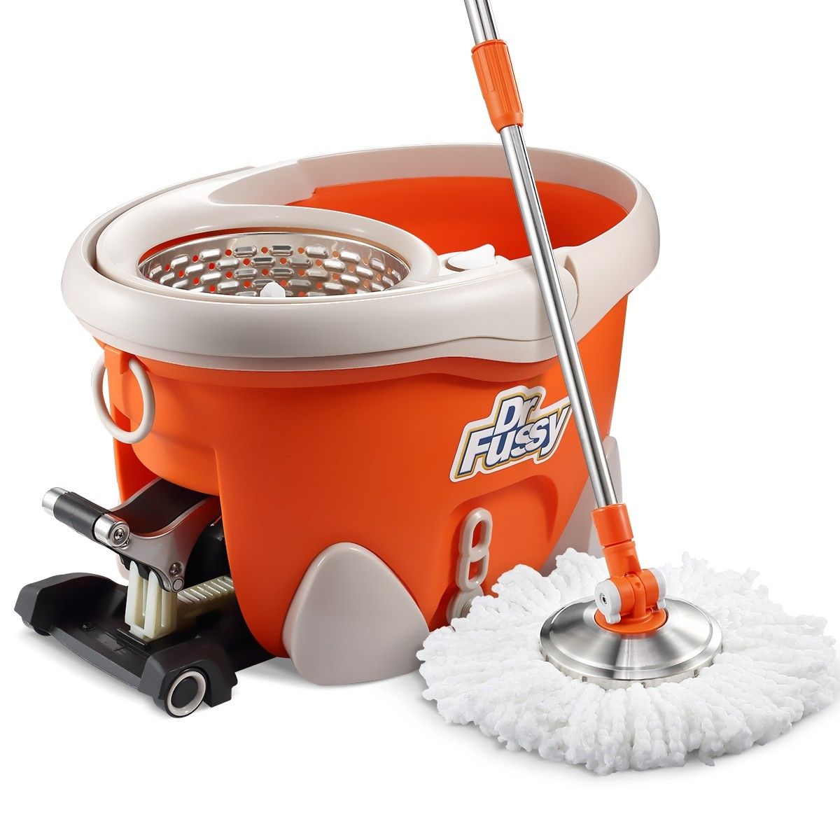 DR FUSSY 12L Walkable Spin Swivel Mop Bucket System with 4 Bonus Heads