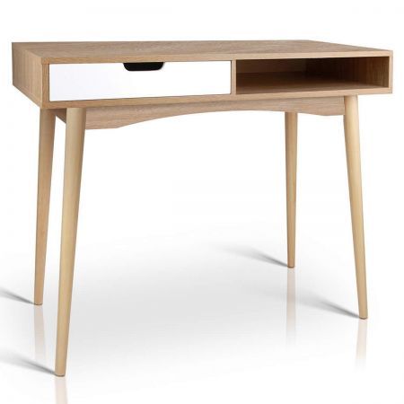 Home Office Study Desk With Drawer And Shelf White Natural