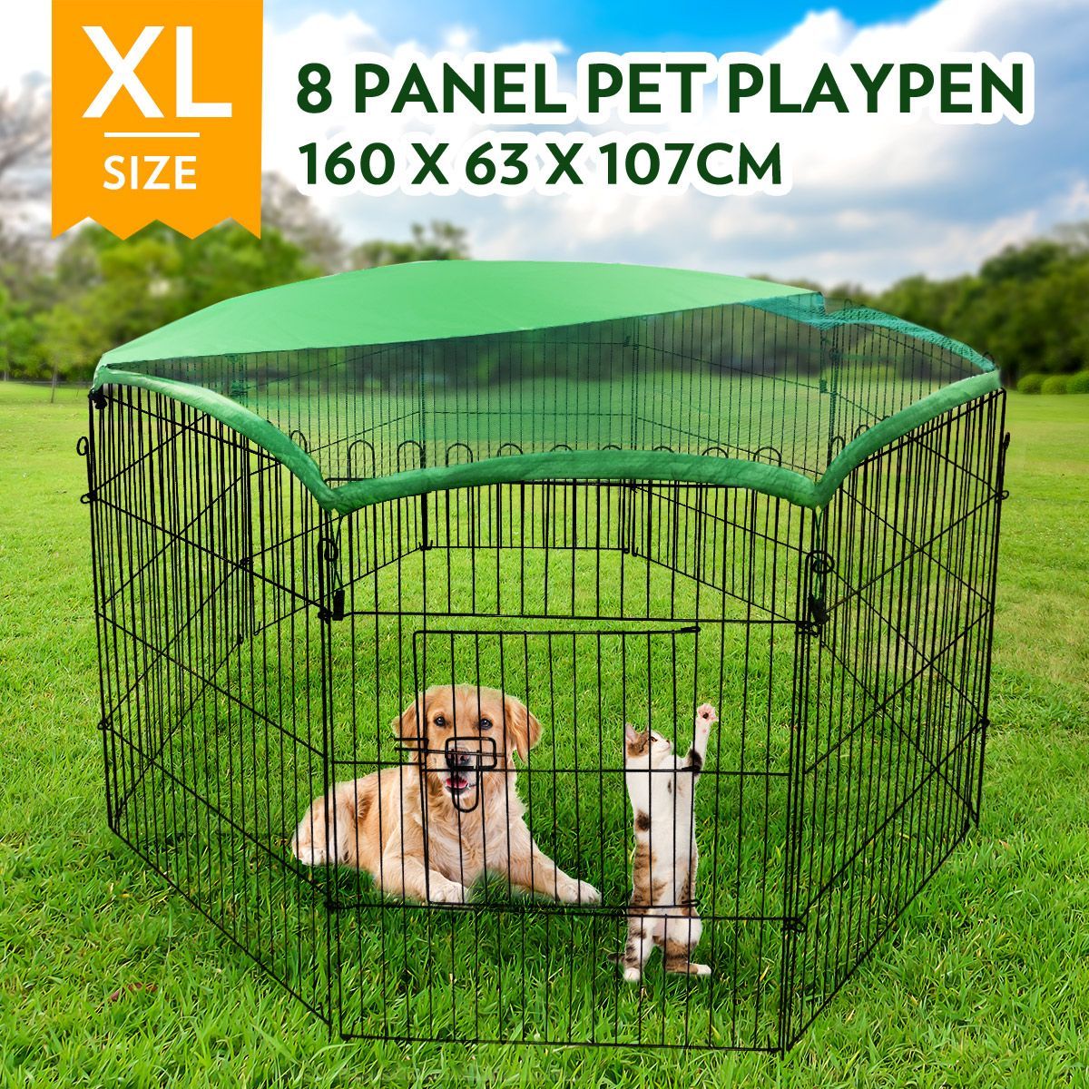 Dog Playpen Fence Pet Enclosure Cat Doggy Puppy Exercise Cage Green Fabric Cover 63x107CM/ Panel 42" 8 Panels