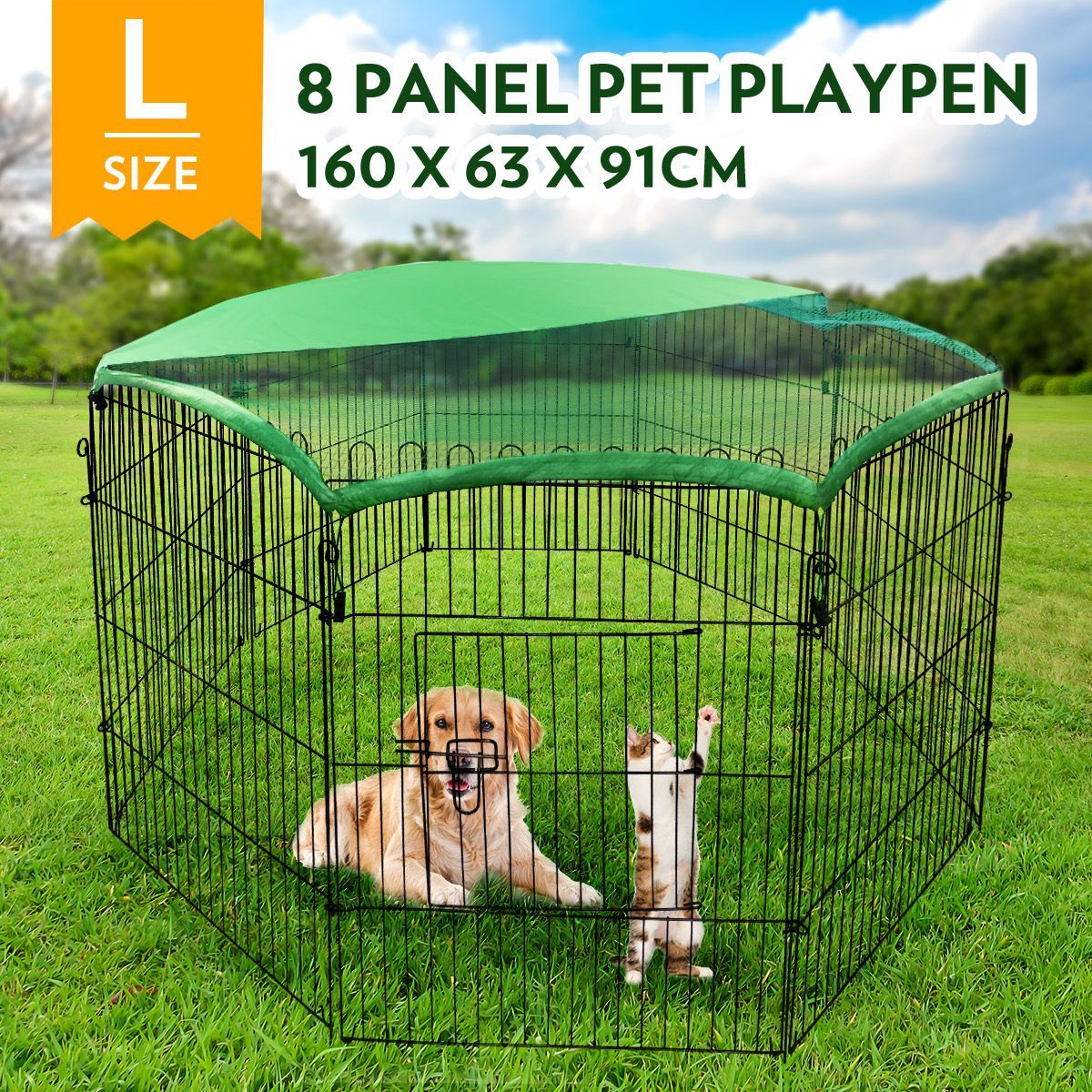 Cat Enclosure Dog Pet Playpen Fence Rabbit Cage Ferret Fencing Puppy Pen Duck Exercise Outdoor Indoor Foldable Portable Green Fabric Cover 8 Panels 63x91cm 36 Inch