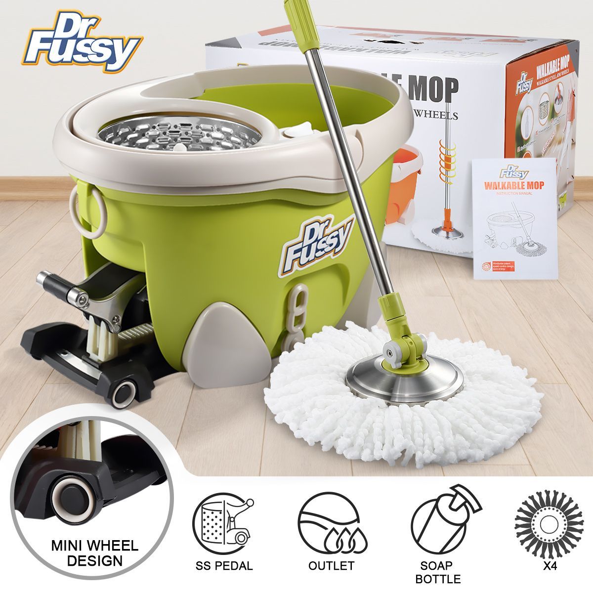 DR FUSSY 12L Walkable Spin Swivel Mop Bucket System with 4 Bonus Heads