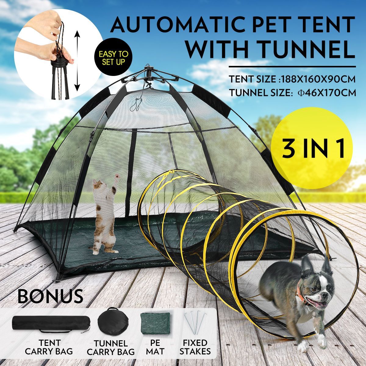 Outdoor Pop-up Pup Tent Portable for Pets Dogs Cats with Tunnel One ...