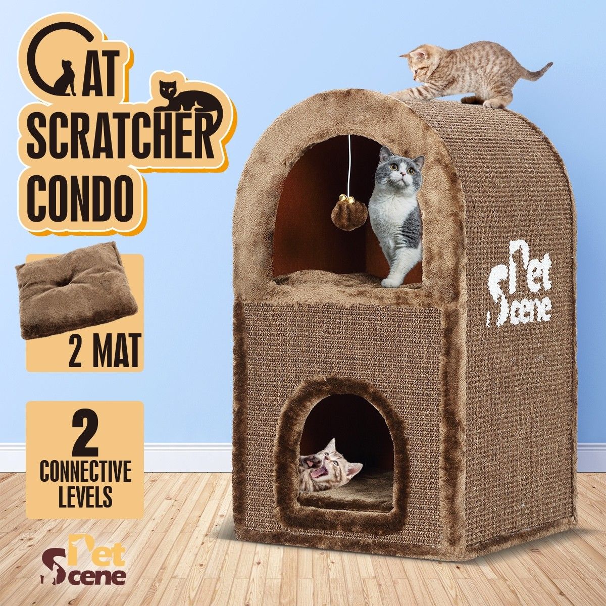 2-Level Cat Scratching Post Tower Pet Climbing Frame Scratcher Barrel House