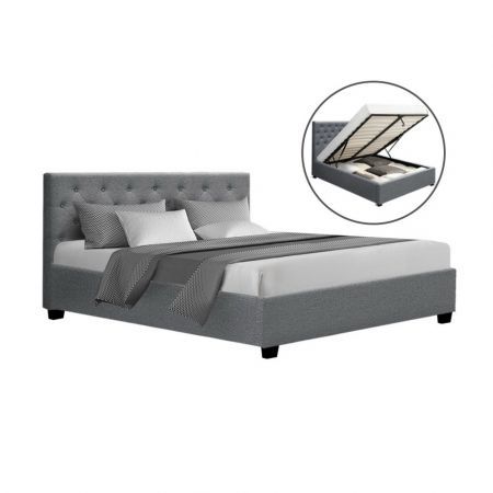 Artiss Vila Bed Frame Fabric Gas Lift Storage - Grey Queen