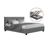 Artiss Vila Bed Frame Fabric Gas Lift Storage - Grey Queen