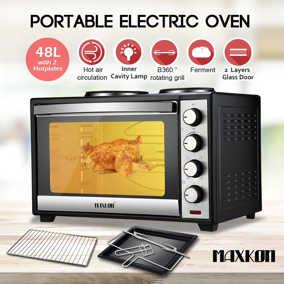 Maxkon 48L Portable Oven Electric Convection Toaster 2 Layers with