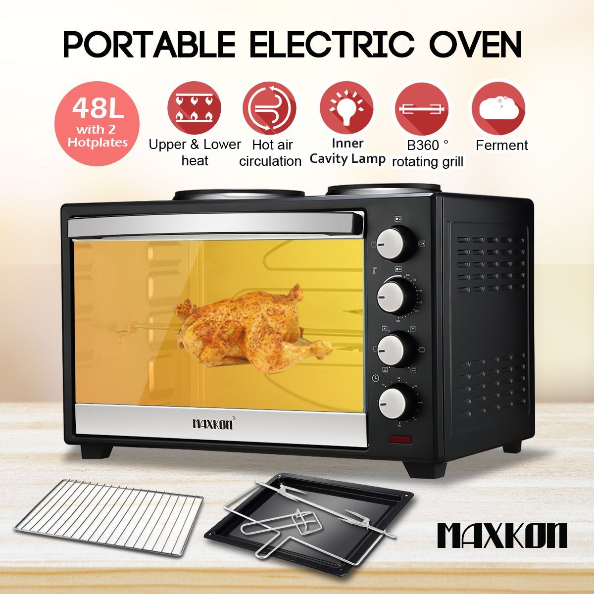 Maxkon 48L Portable Oven Electric Convection Toaster with Rotisserie
