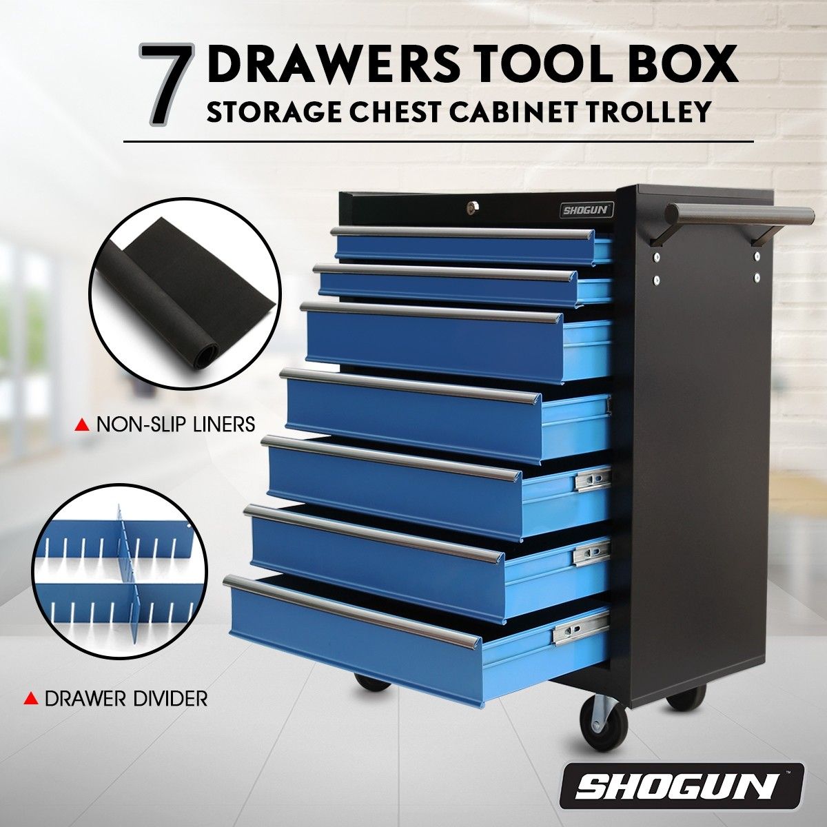 SHOGUN Tool Chest 7-Drawer Storage Cabinets Trolley with A Side Handle - Blue and Black
