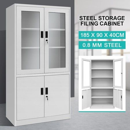Filing Cabinet Lockable Steel Storage Cupboard w/2 Transparent Doors - Grey White