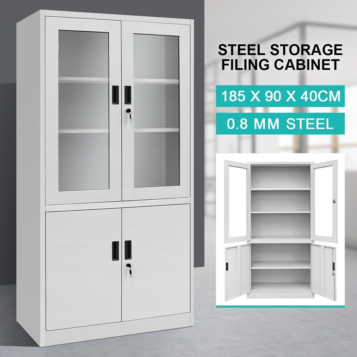 Filing Lockable Steel Storage Cupboard w/2 Transparent Doors