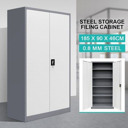 Filing Cabinet Steel Lockable Storage Cupboard w/4 Adjustable Shelves – Dark Grey and White