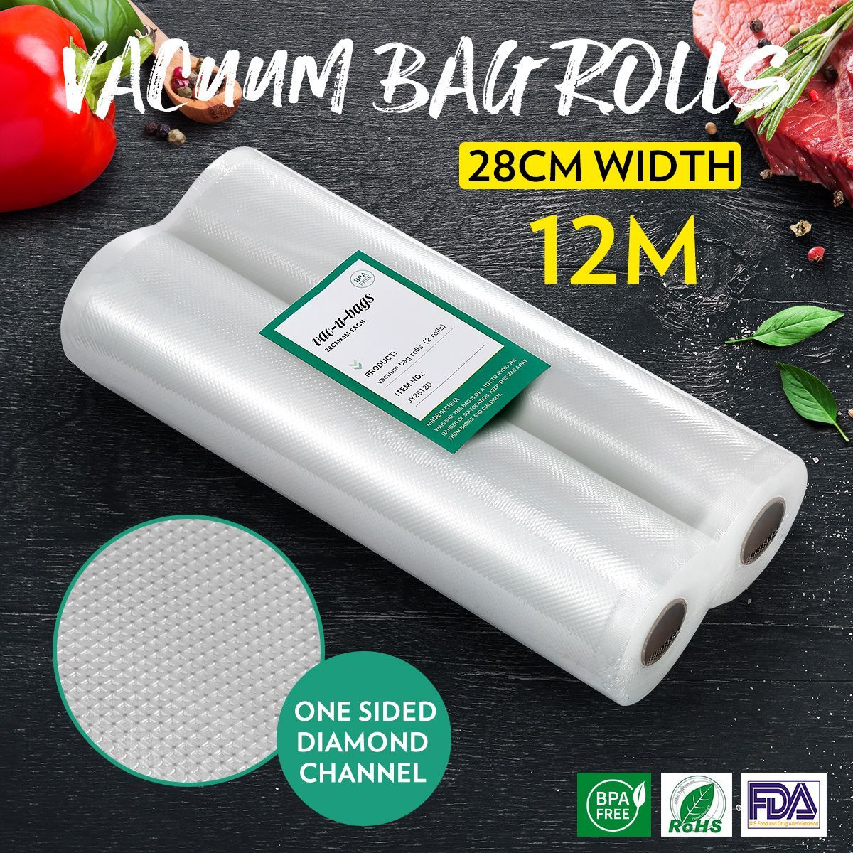 2 Rolls 28cm*600cm Vacuum Sealer Bags Foodsaver Rolls Embossed Bag for