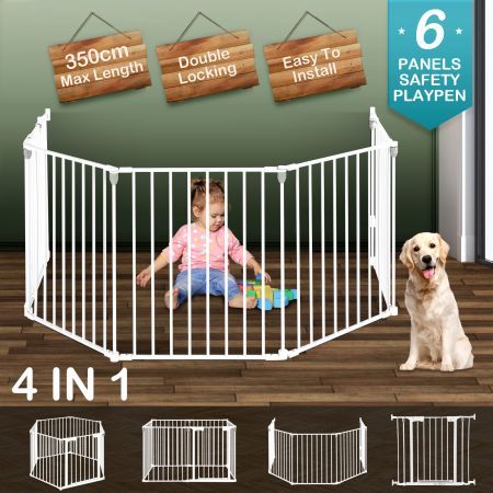 Pet Safety Gate Fence Dog Playpen Kids Enclosure Puppy Barrier Baby Activity Centre Play Yard Double Locking System Metal White 4 In 1