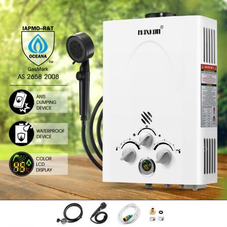 MAXKON 6 in 1 520L/Hr Portable Outdoor Gas Instant Shower Water Heater - White