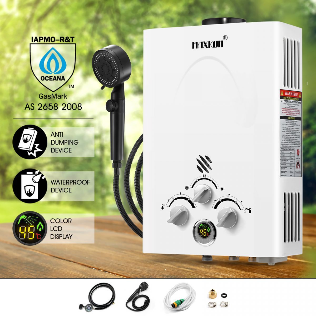 MAXKON 6 in 1 520L/Hr Portable Outdoor Gas Instant Shower Water Heater - White