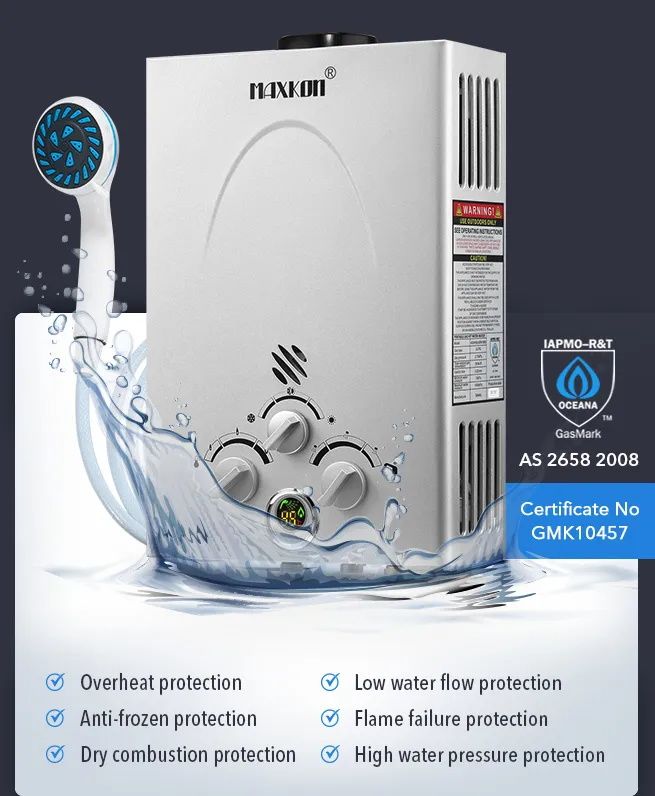MAXKON 10 in 1 550L Hr Portable Outdoor Gas LPG Instant Shower Water Heater - Silver