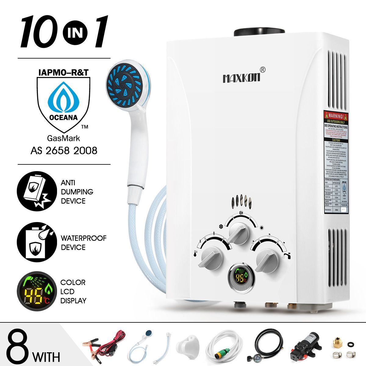 MAXKON 10 in 1 550L/Hr Portable Outdoor Gas LPG Instant Shower Water Heater - White