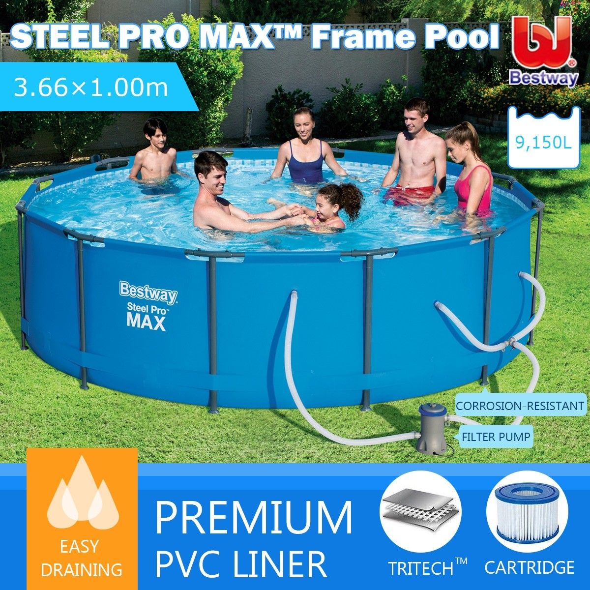 Bestway 3.66M Above Ground Steel Frame Swimming Pool w/Filter Pump