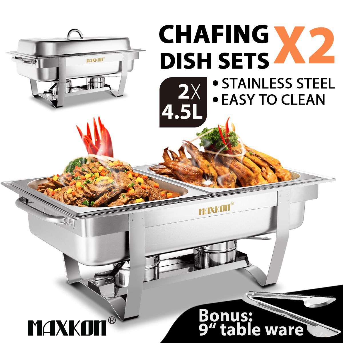  2 Sets Bain Marie Bow Chafing Dishes 4x4.5L S/S Buffet Food Warmer Stackable