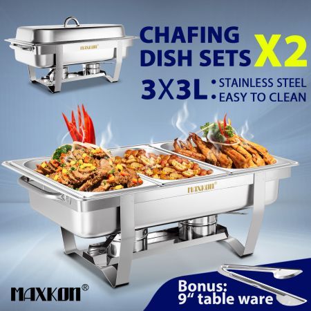  2 Sets Bain Marie Bow Chafing Dishes 3x3L S/S Buffet Food Warmer Stackable