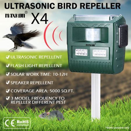 4x Ultrasonic Bird Animal Repeller Pest Repellent with Loudspeaker Alarm & Large Solar Power Plate