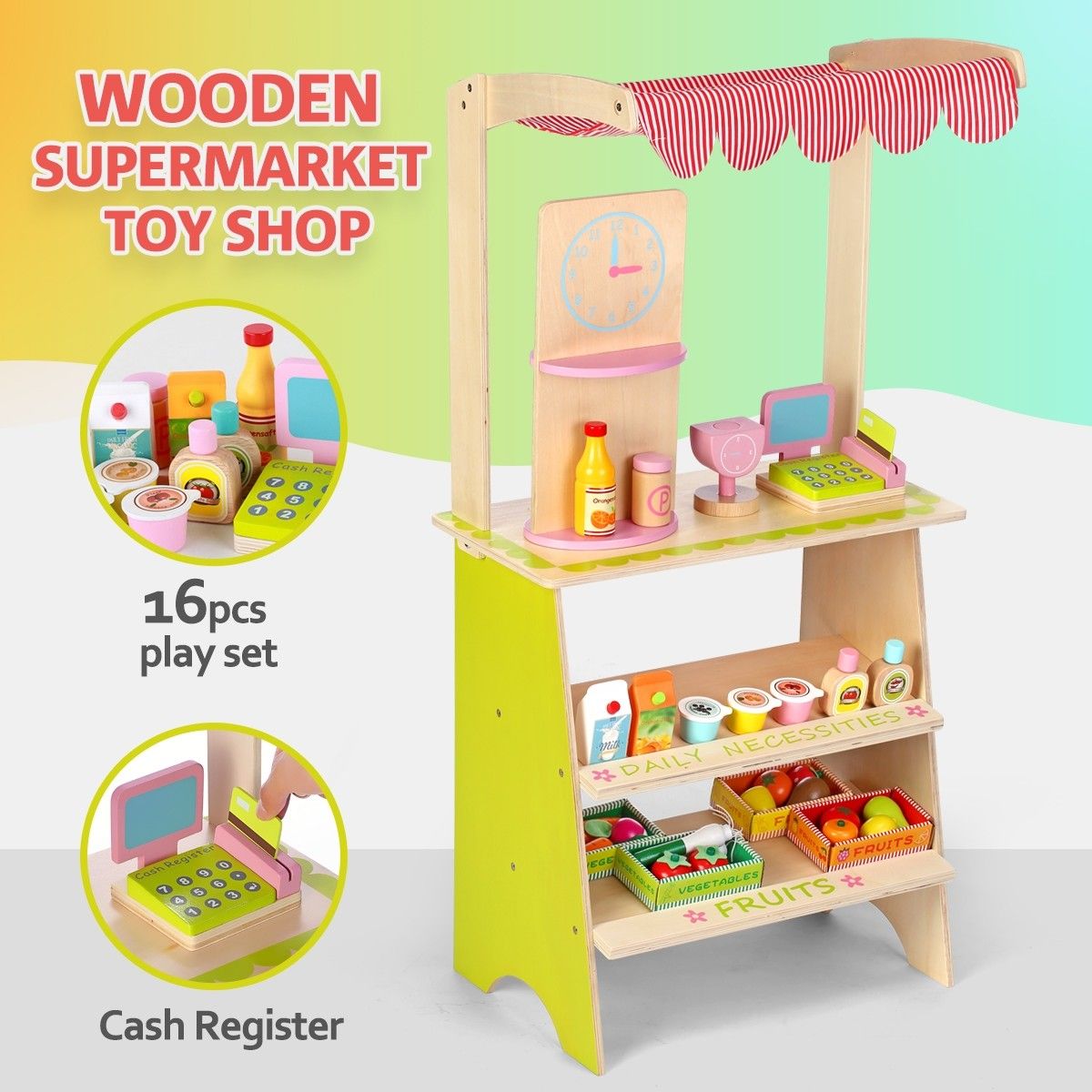 Kids Wooden Marketplace Stand Market Stall Pretend Play Toy with Awning