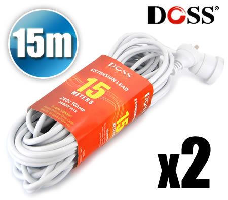 Set of 2 DOSS 15 Metre Power Extension Lead Cable EXL15M