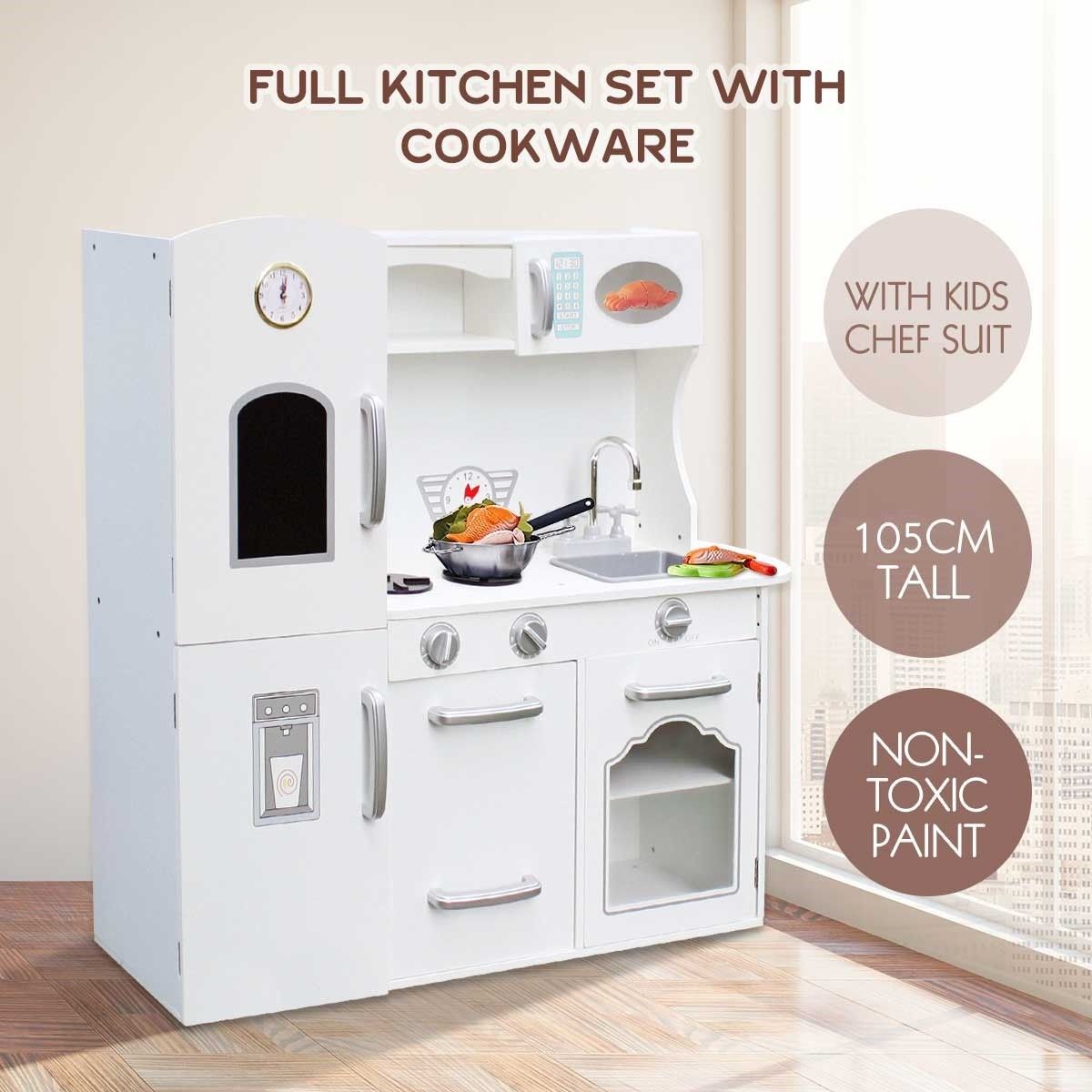 Kids White Wooden Pretend Childrens Play Toy Kitchen Set w/Cooking Accessories Crazy Sales