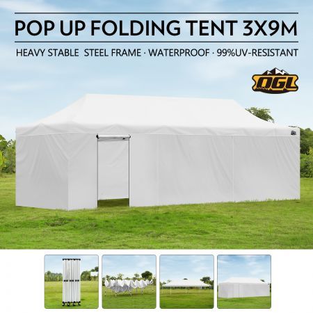OGL 3x9M Pop up Outdoor Gazebo Folding Tent Waterproof Marquee Canopy Party Wedding Tent - White