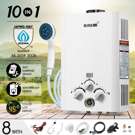 MAXKON 520L/Hr Portable 10 in 1 Outdoor Gas LPG Instant Shower Water Heater - White