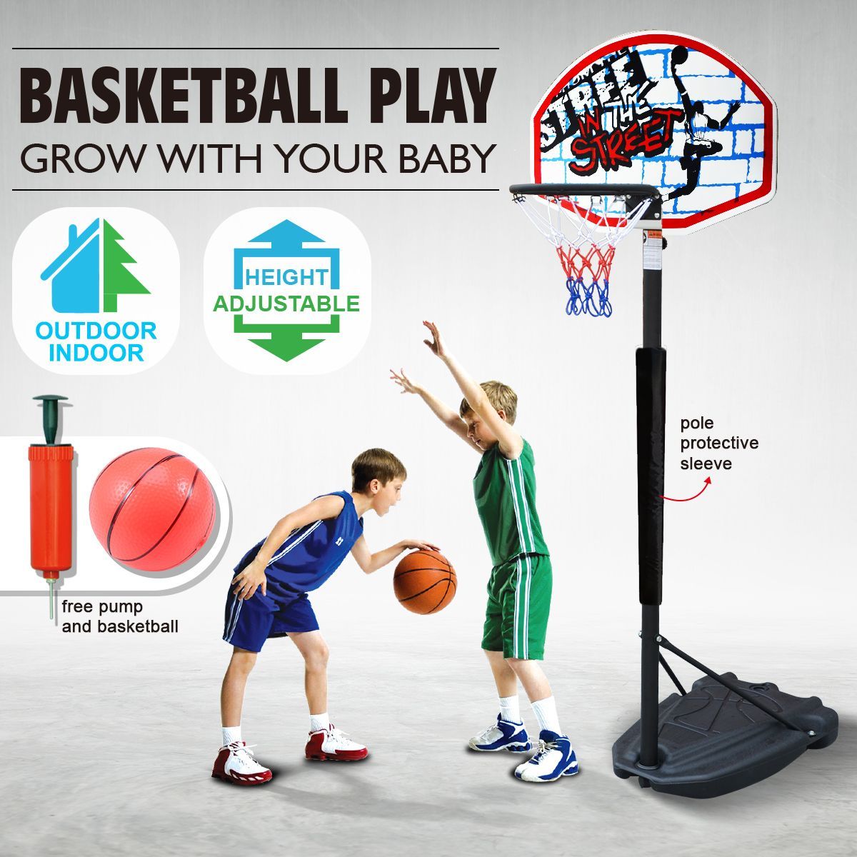 Adjustable 1.4m-1.9m Portable Kids Basketball Hoop System Stand  w/Cover