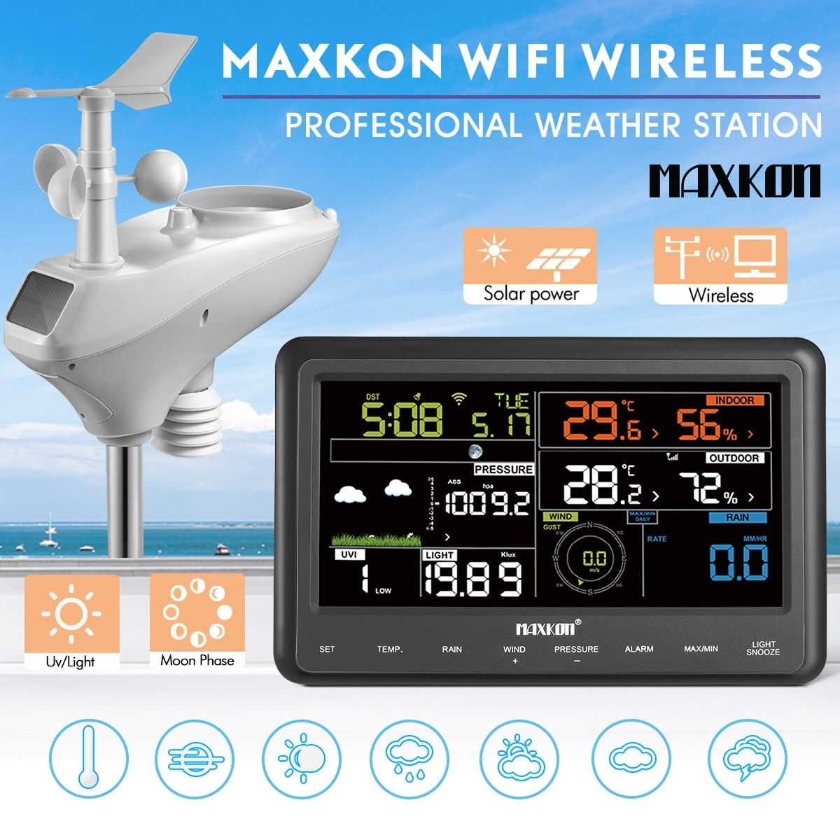Maxkon WIFI Wireless Home Weather Forecast Station Outdoor with Solar