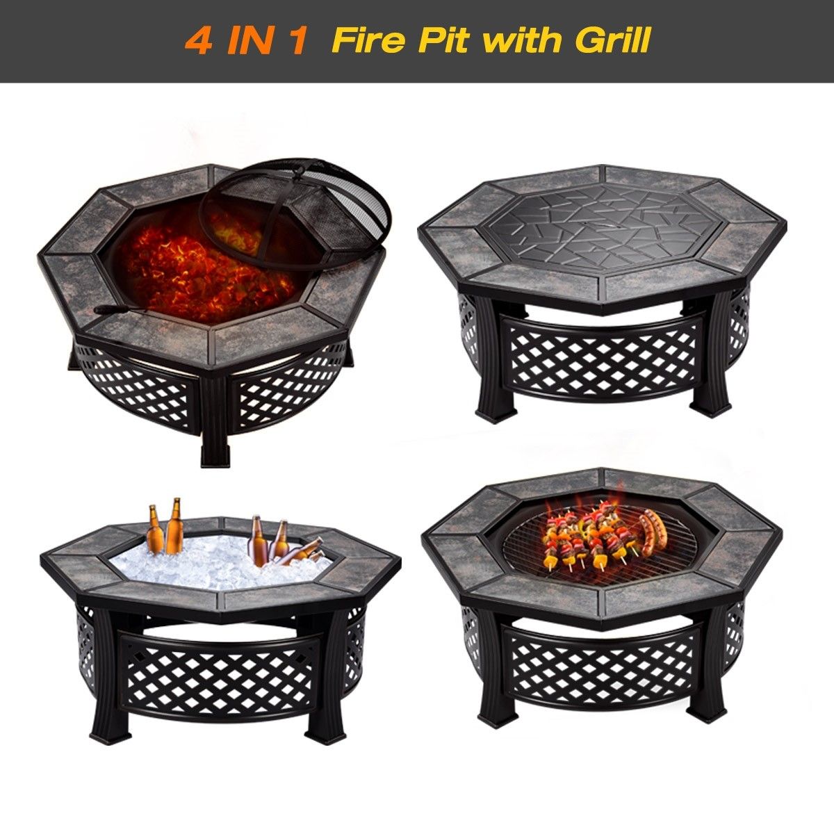 Maxkon 32" Fire Pit 4in1 Patio Camping Heater Fireplace Brazier w/BBQ