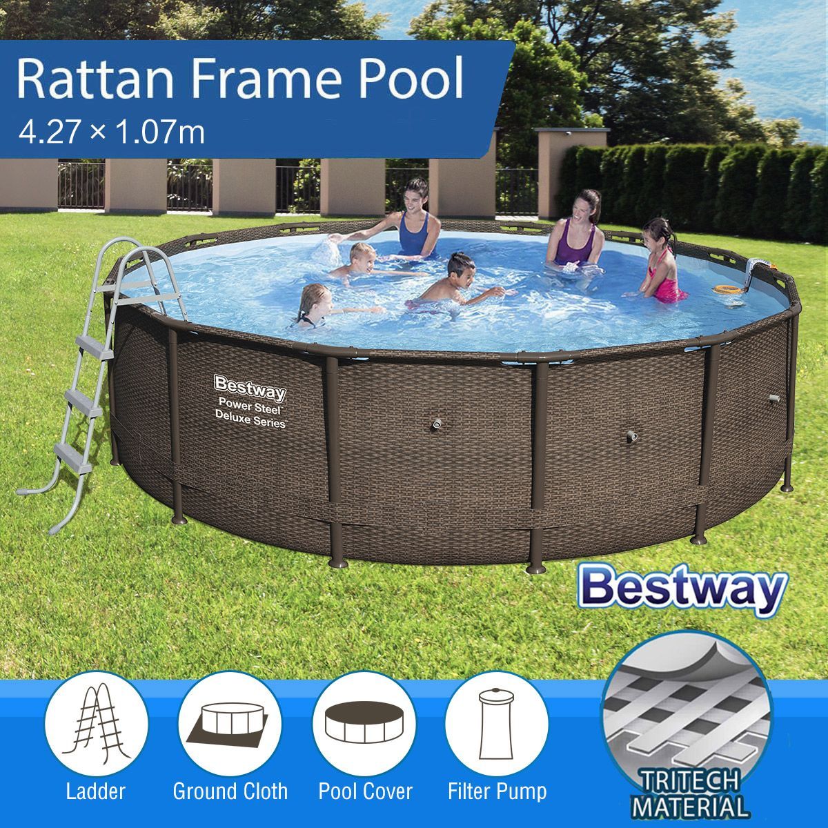 Bestway 4.27M Above Ground Metal Frame Rattan Style Swimming Pool w/Ladder & Filter Pump