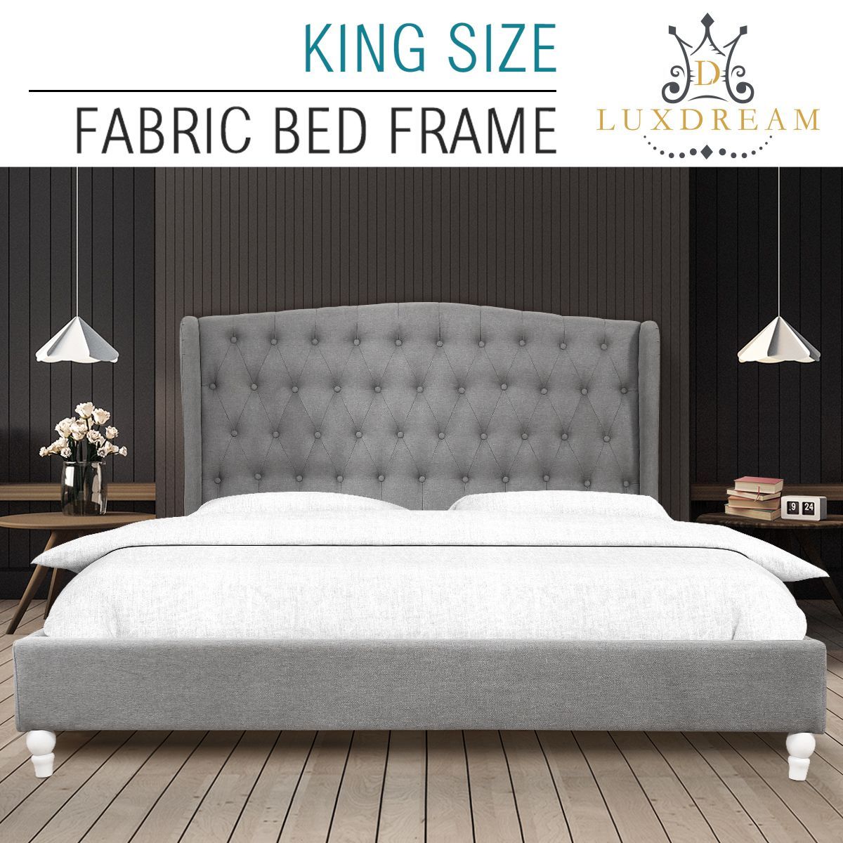 LUXDREAM Wooden King Upholstered Platform Bed Frame with Wooden Slats
