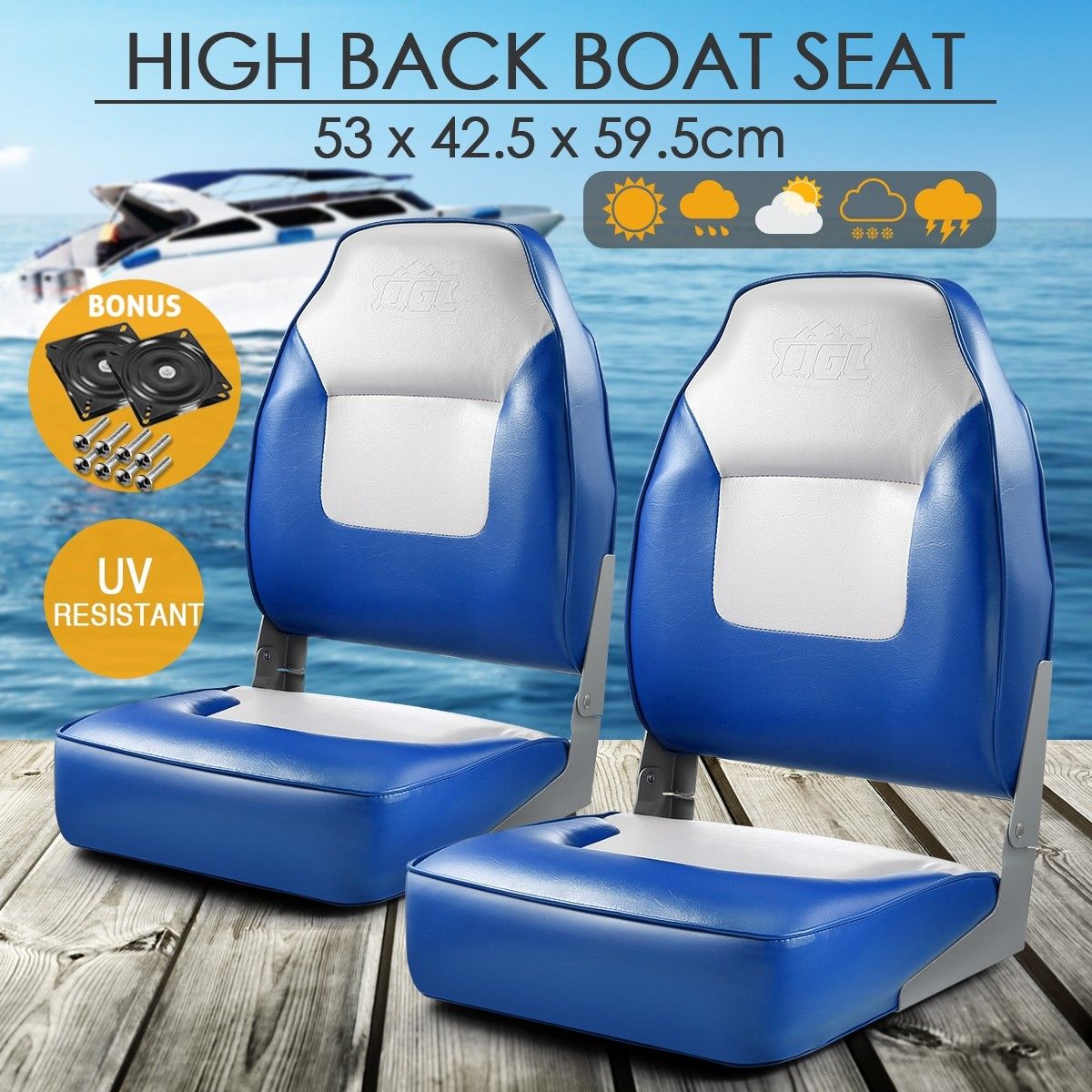 Pair of Fishing Boat Seat Extra High Back with Swivel Base Blue