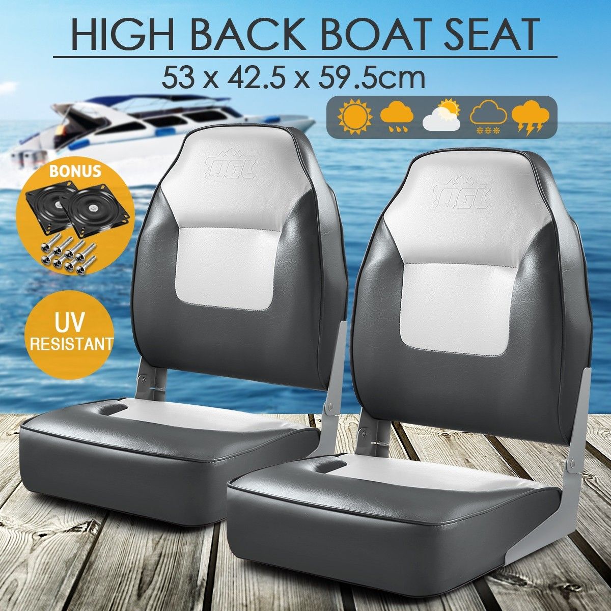 OGL 2 x High Back Folding Marine Fishing Boat Seats All-weather Swivel Chairs