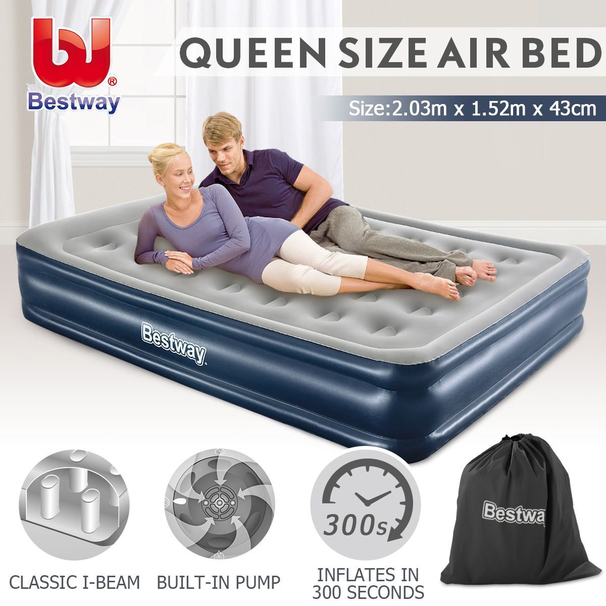 Bestway Queen Flocked Air Bed 43cm Inflatable Blow Up Mattress w/Built-in Pillow & Pump