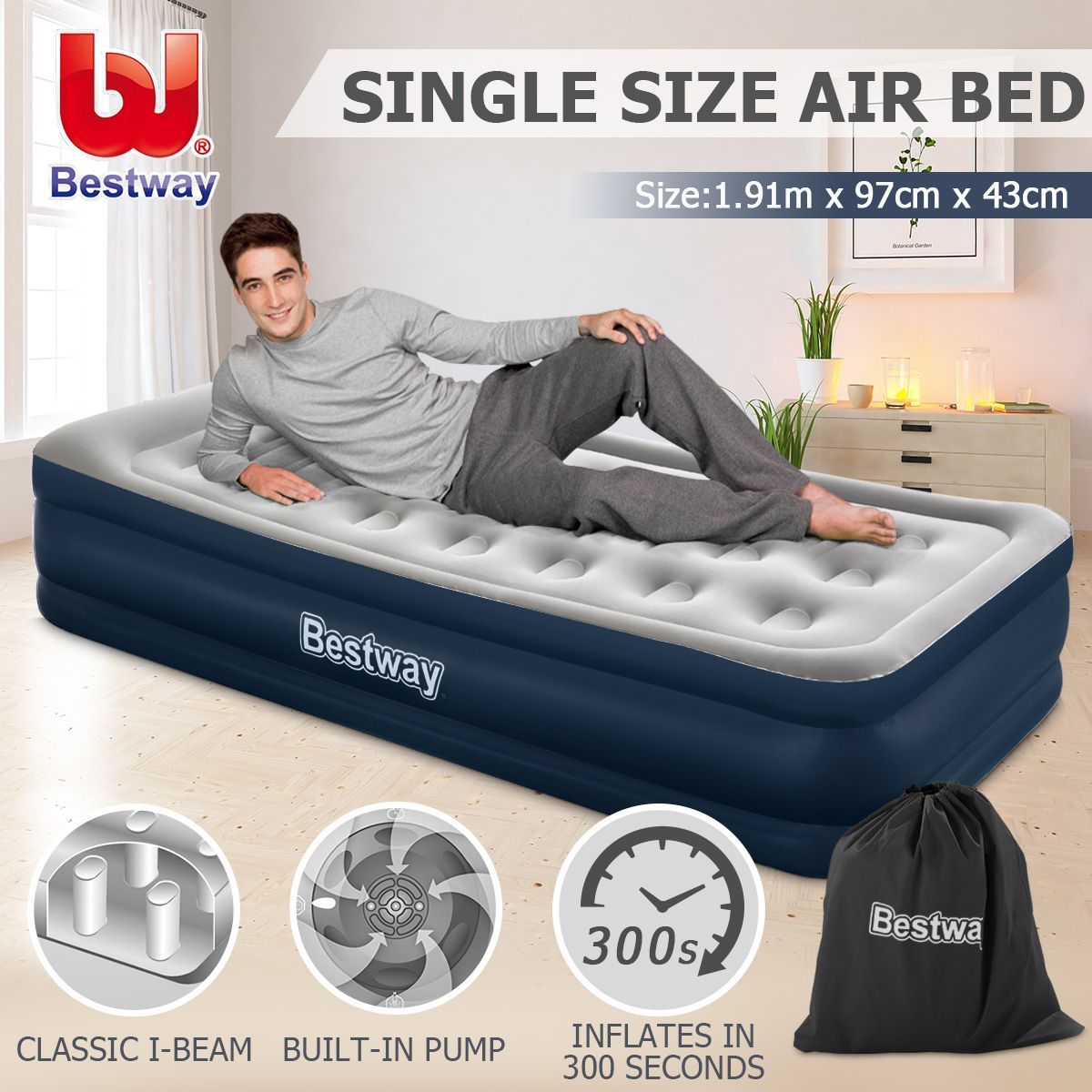 Bestway Single Flocked Air Bed 43cm Inflatable Blow Up Mattress w/Built