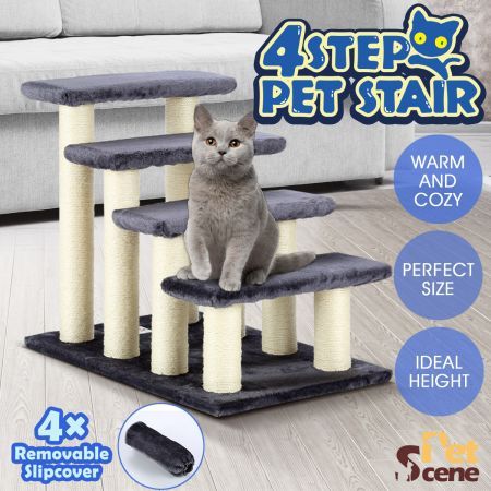 4 Steps Dog Stairs Cat Scratching Post Pet Ramp Ladder W Washable Cover Brown Crazy Sales