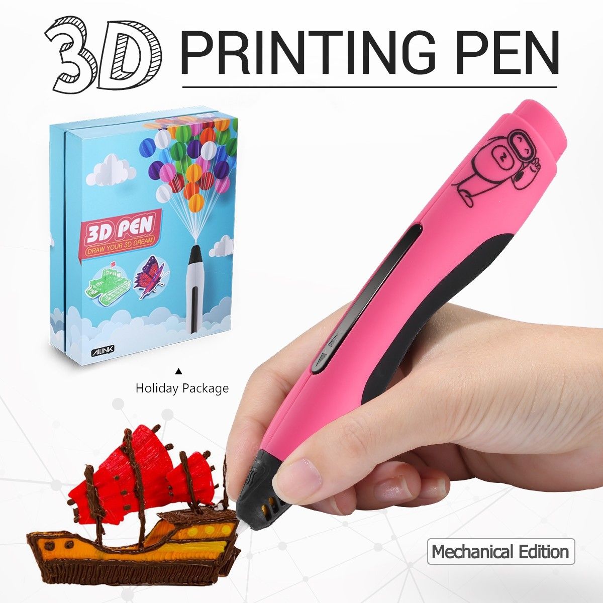 Ailink 3D Printing Pen 1 Button Operation Drawing Gift w/Shovel - Pink