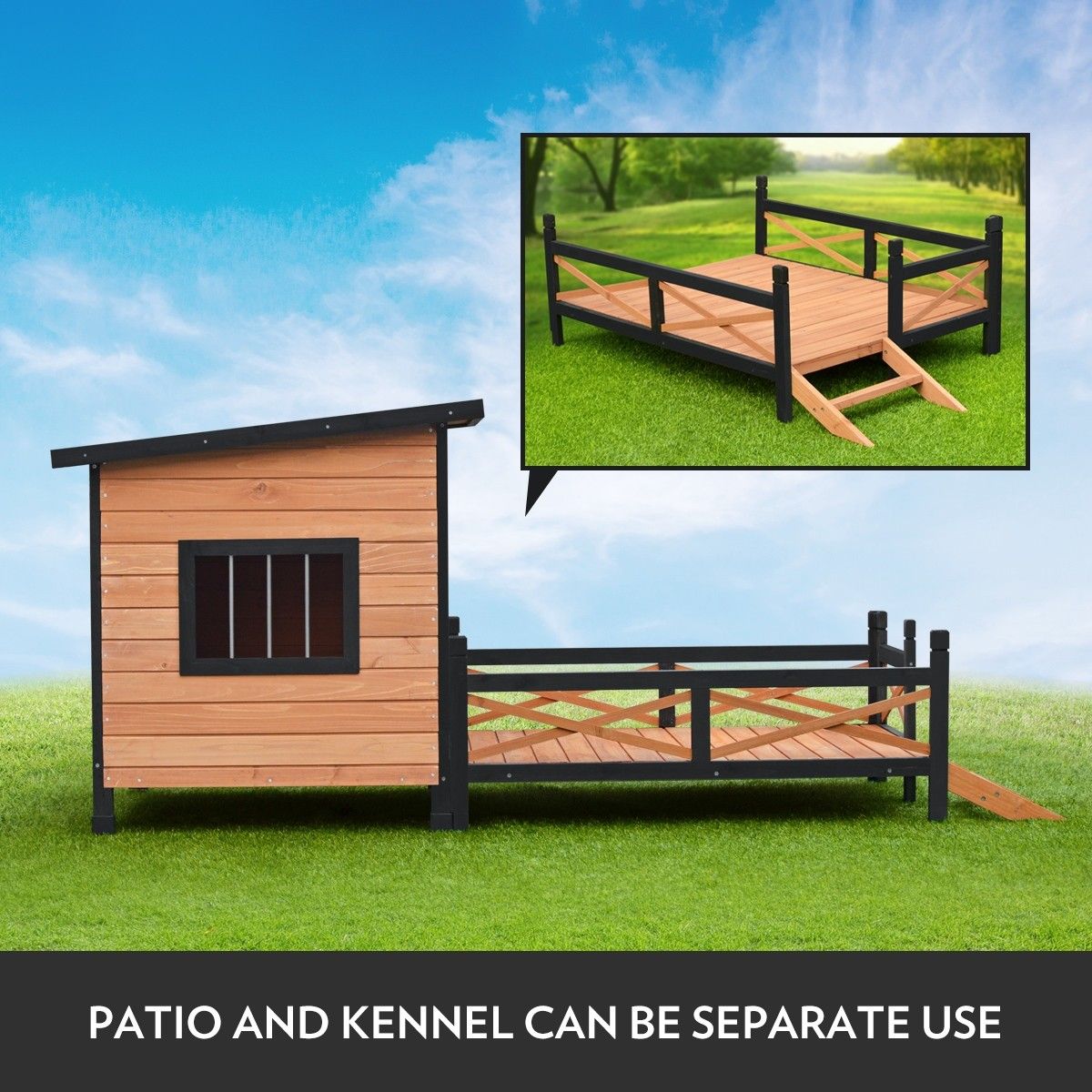 XL Wooden Dog Kennel AllWeather Flat Roof Pet House w/Patio & Window
