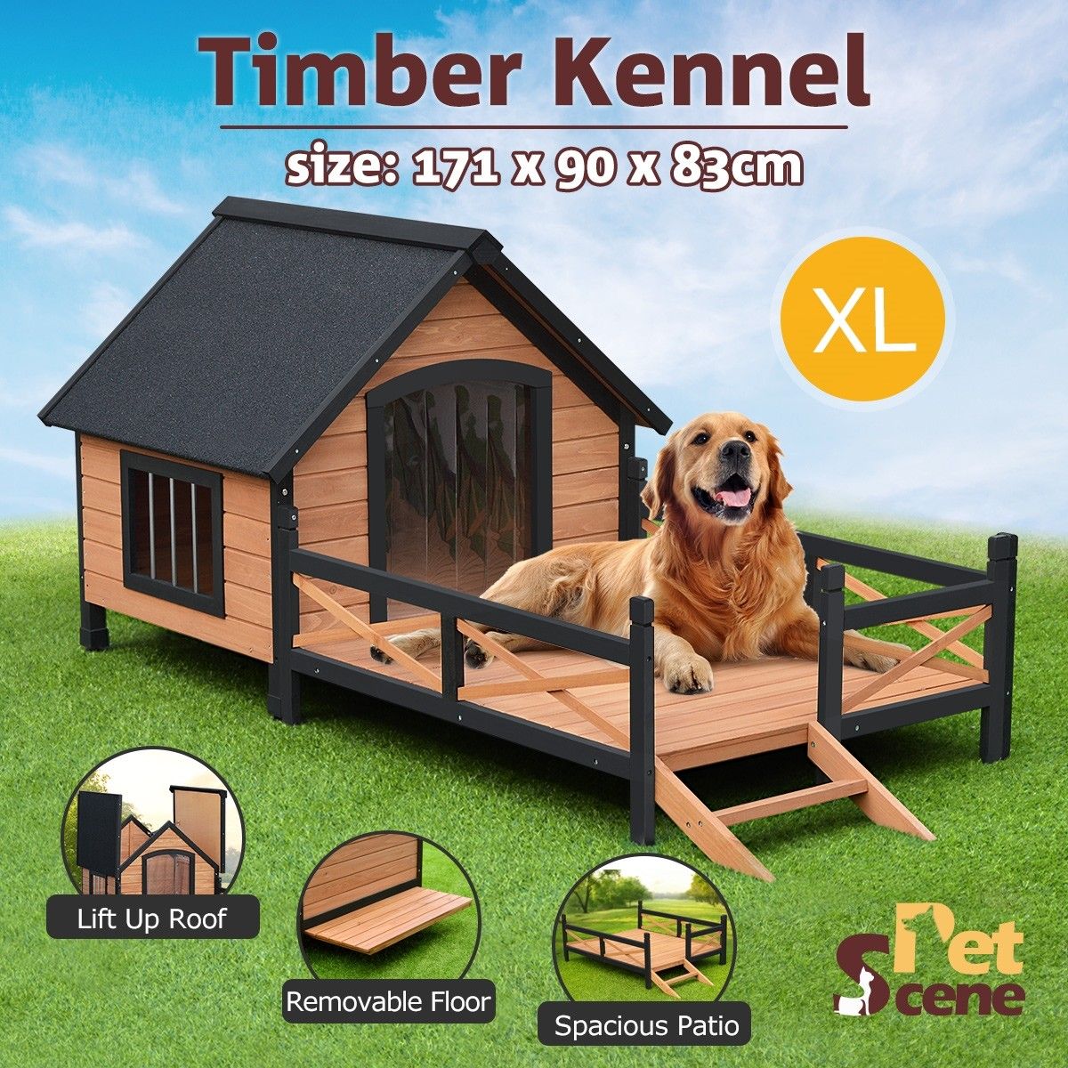 XL Wooden Dog Kennel AllWeather Elevated Pet House w/Patio & Window