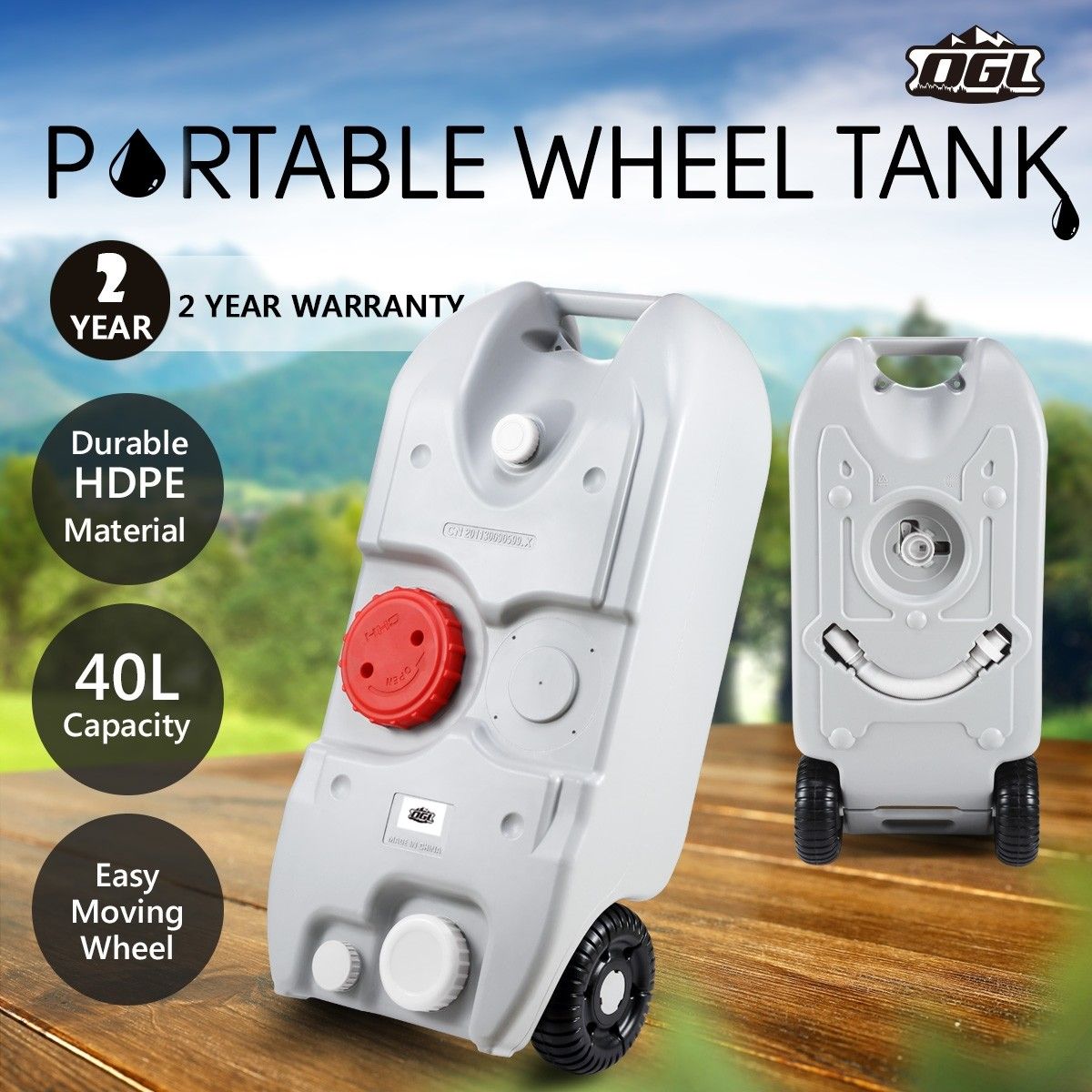 40L Portable Wheel Water Tank Outdoor Camping Caravan Motorhome Storage Container Mobile Grey