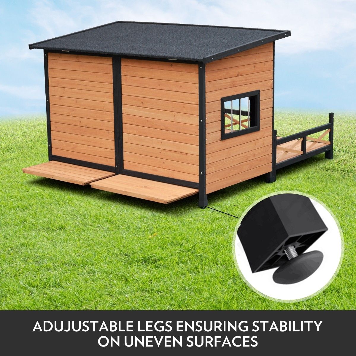 XXL Wooden Dog Kennel 2 Door AllWeather Flat Roof Pet House w/Patio