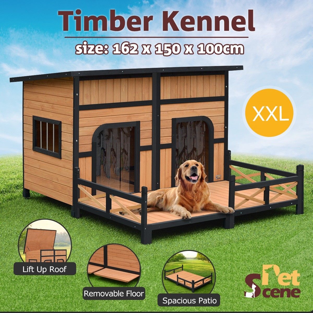 XXL Wooden Dog Kennel 2 Door All-Weather Flat Roof Pet House w/Patio ...